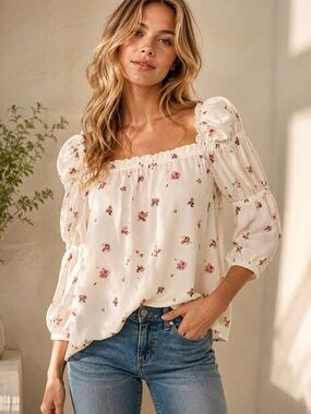 CeCe Cream Floral Square-Neck Puff Sleeve Blouse